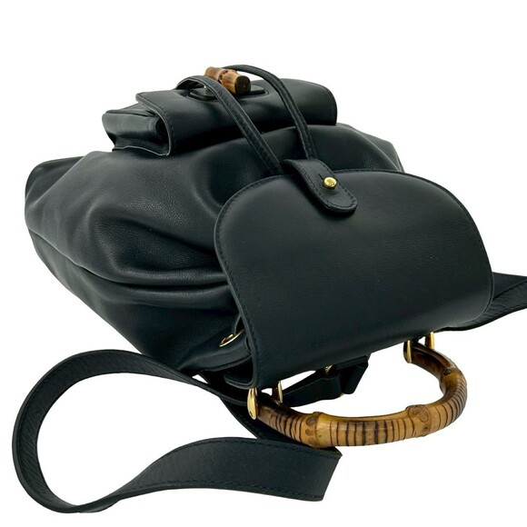 GUCCI (Old Gucci) Vintage Bamboo Leather Backpack Mini Navy Blue ni3-1 - Picture 4 of 10